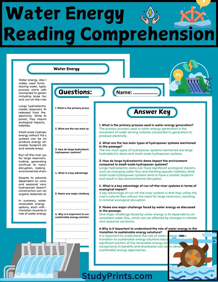 Water Energy READING PASSAGE WITH QUESTIONS WORKSHEET product image (1)
