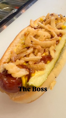 The Boss is here!  A cheddar-bacon smoked sausage topped with beer cheese, bbq sauce, mustard, pickle and crunchy fried onion...