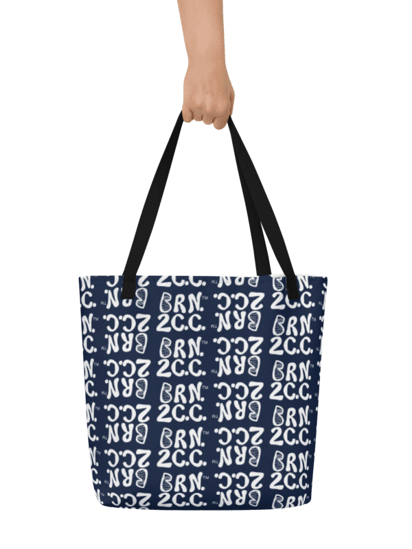 BRN.2C.C.™ | Large Tote Bag with Pocket | Coastal Classic | All-Over Logo Print | White Logo Repeat on Navy product image (2)