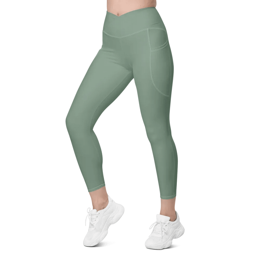 Plain Medium Sage Green Soft Summer Women's High Waisted Premium Crossover Leggings with Pockets by Treasure Pie product image (6)