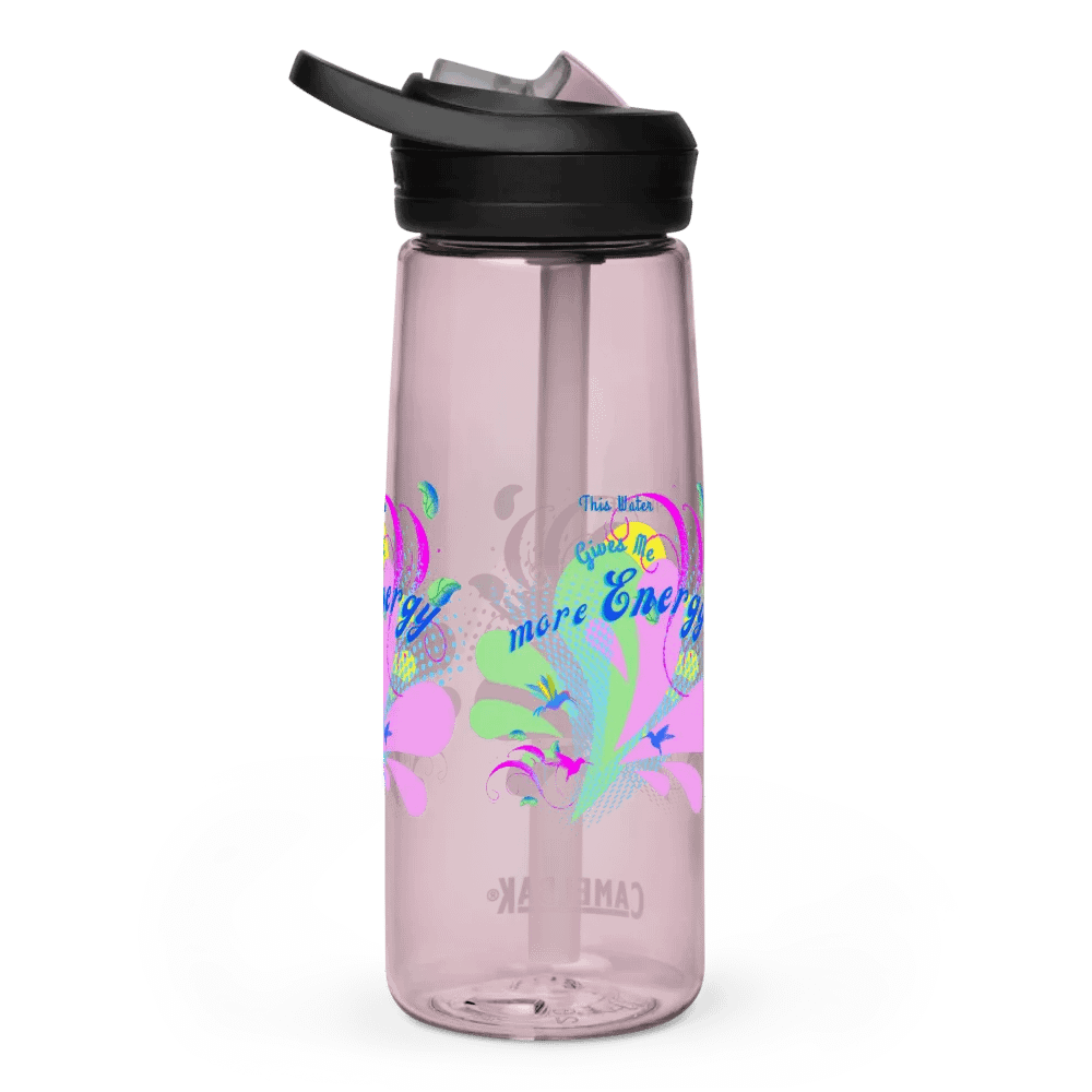 Camelback water bottle with beautiful swirly pink and green water drop splash and drops design featuring ' This water gives me Energy