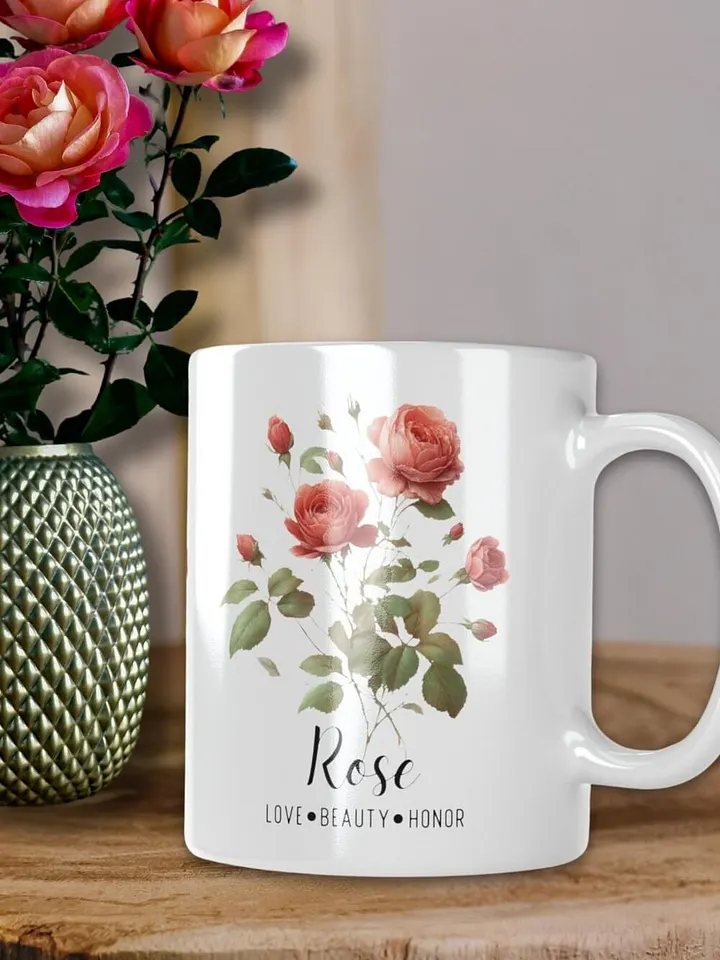 Rose Ceramic White Mug: Love, Beauty, Honor June Birth Month Flower product image (2)