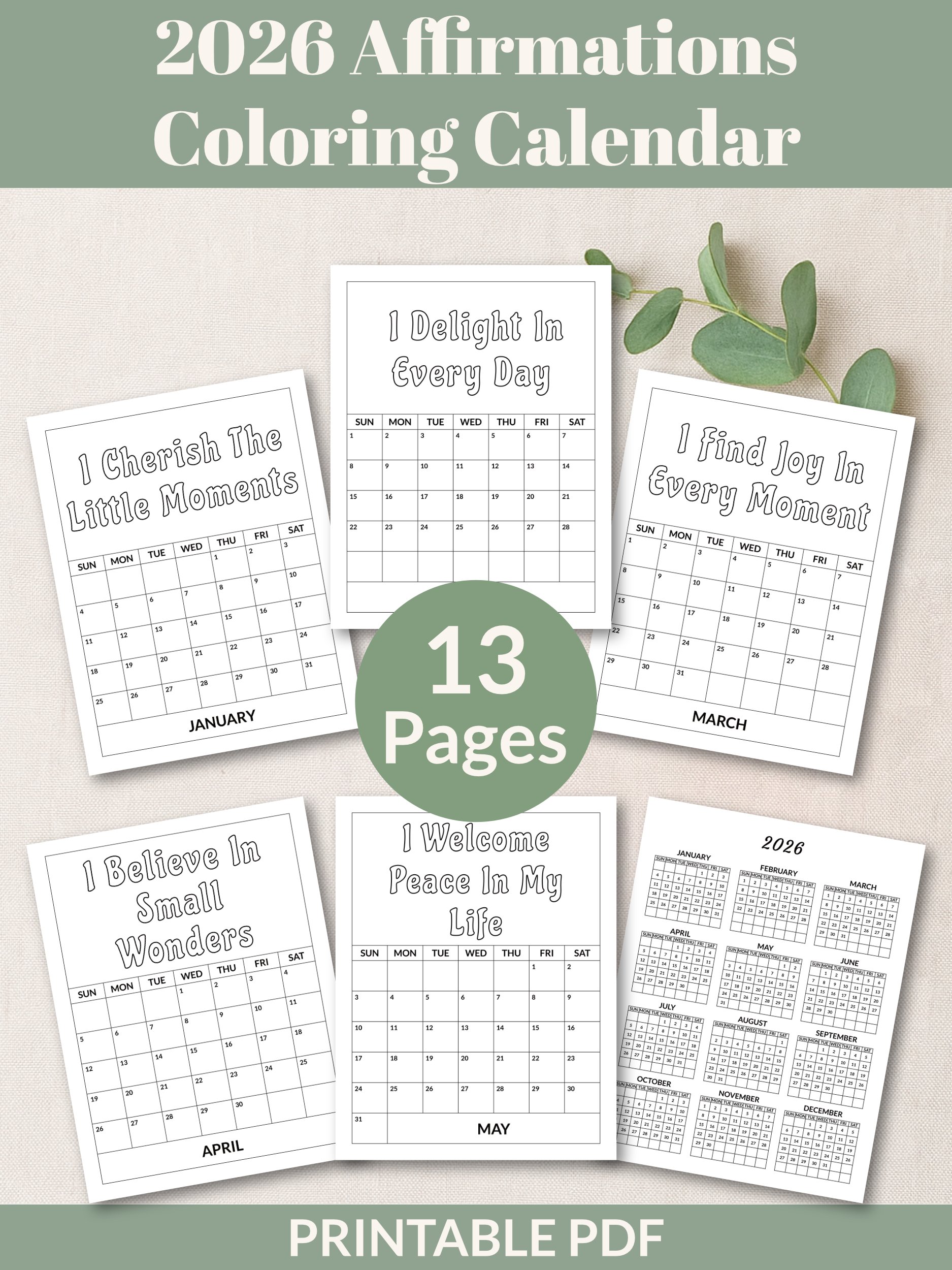 Printable 2026 Positive Affirmations Coloring Calendar product image (1)