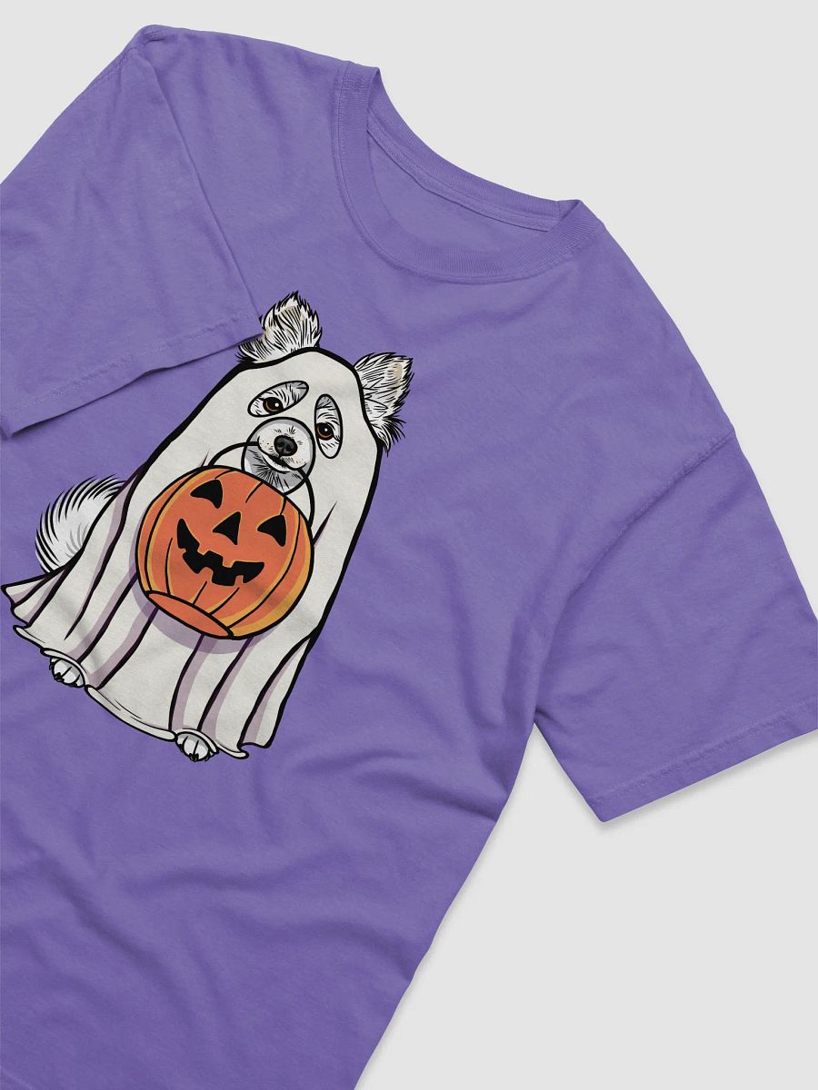 Funny Halloween Pomeranian(White) T-Shirt | Funny Pomeranian Wearing a Ghost Costume and Holding a Pumpkin Basket product image (29)