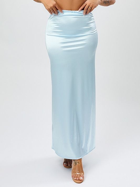 Wholesale high quality casual slight stretch solid color satin high waist maxi skirt product image (5)