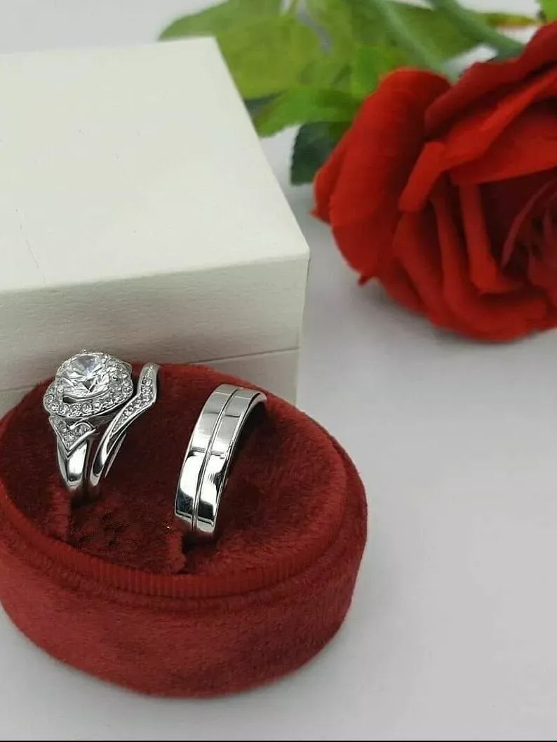 14K White Gold Fn Trio Ring Set His And Hers Diamond Engagement Bridal Wedding product image (3)