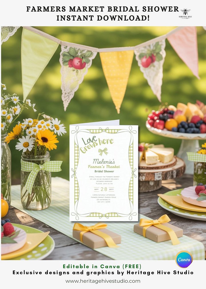 Farmers Market Bridal Shower Invitations | Instant Download | Bows Lime Gingham product image (2)