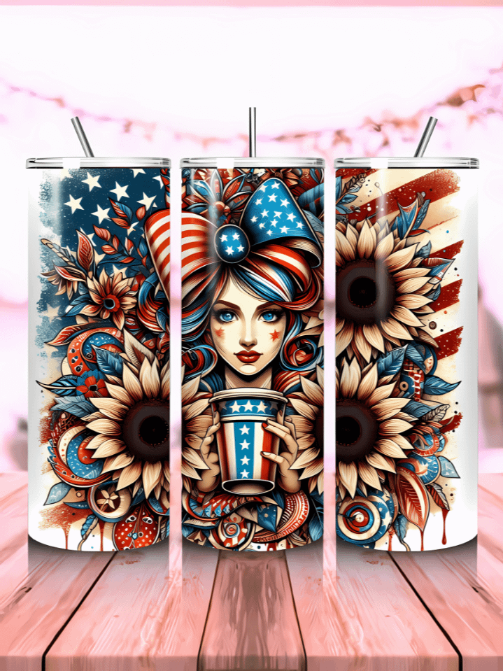 Floral 4th of July Tumbler Wrap – 20oz Skinny Sublimation PNG Design – American Flag Sunflowers Patriotic Theme – Instant Digital Download – High-Resolution 300 DPI product image (1)