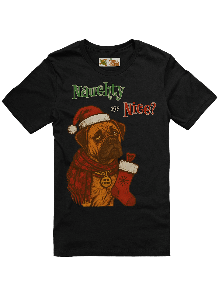 Naughty or Nice Bullmastiff Christmas Shirt – Cute Dog Lover Holiday Tee – Funny Bullmastiff Gift – Santa Hat Dog Christmas T-Shirt – Atomic Hound Retro Design product image (2)