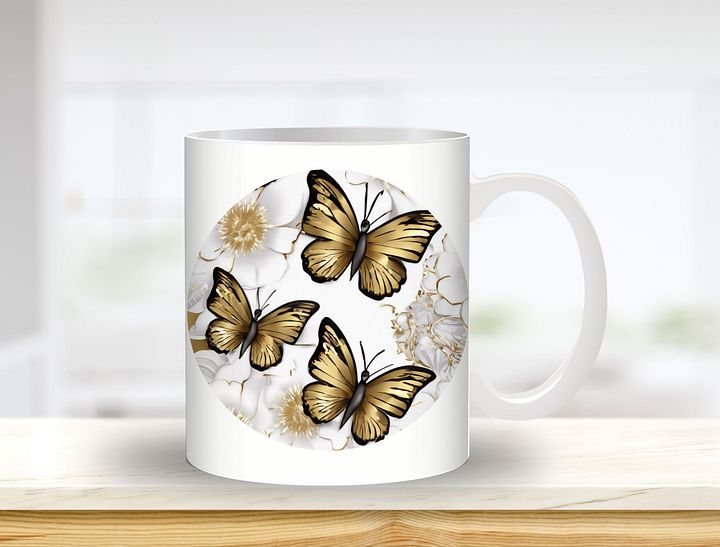 3D Gold Butterfly Mug Sublimation Design, 11oz & 20oz Mug Template, Mug Wrap Template PNG, Digital Download product image (1)