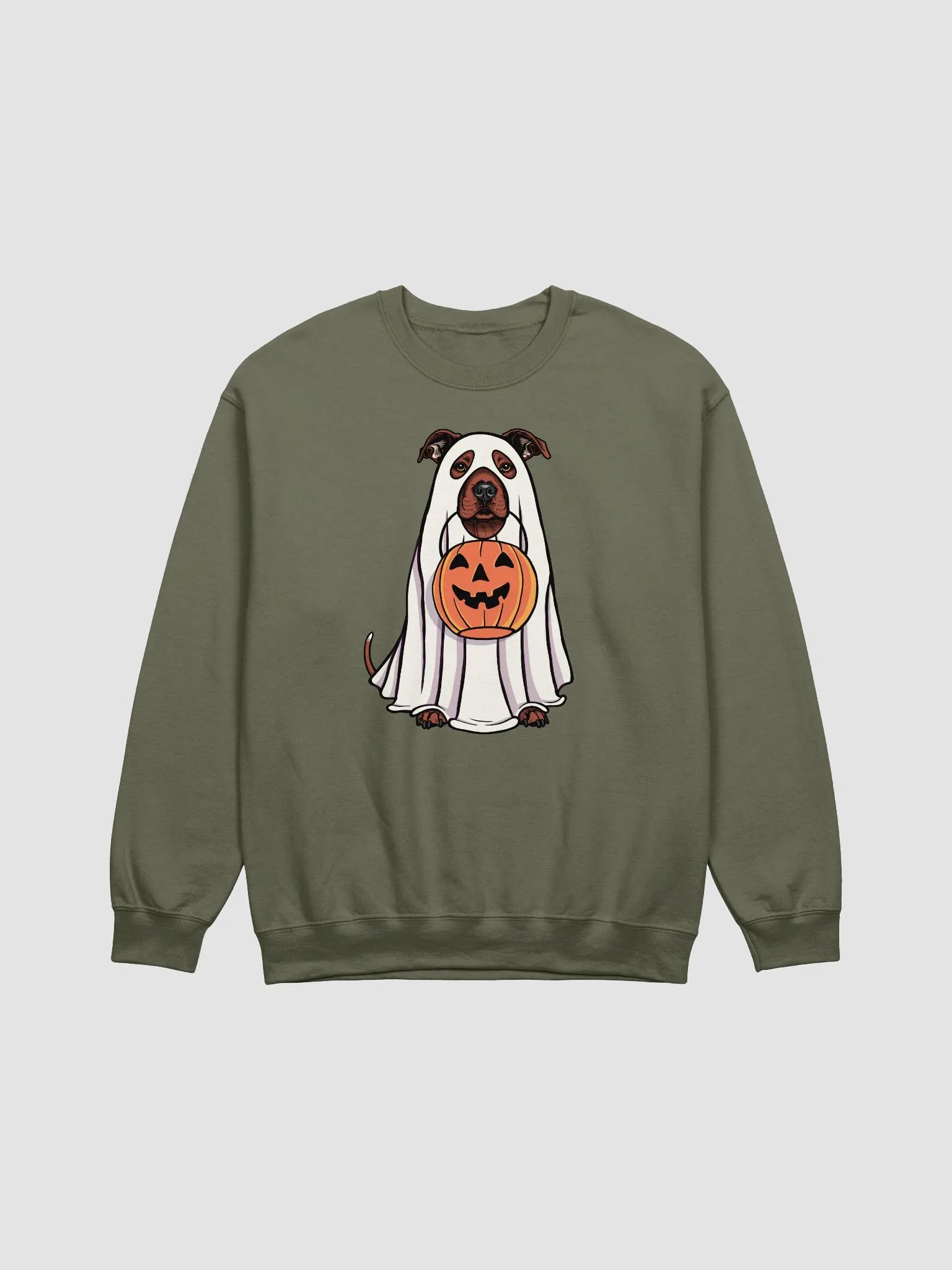 Funny Halloween Staffordshire Terrier(Red) Sweatshirt | Funny Staffy Wearing a Ghost Costume and Holding a Pumpkin Basket product image (17)