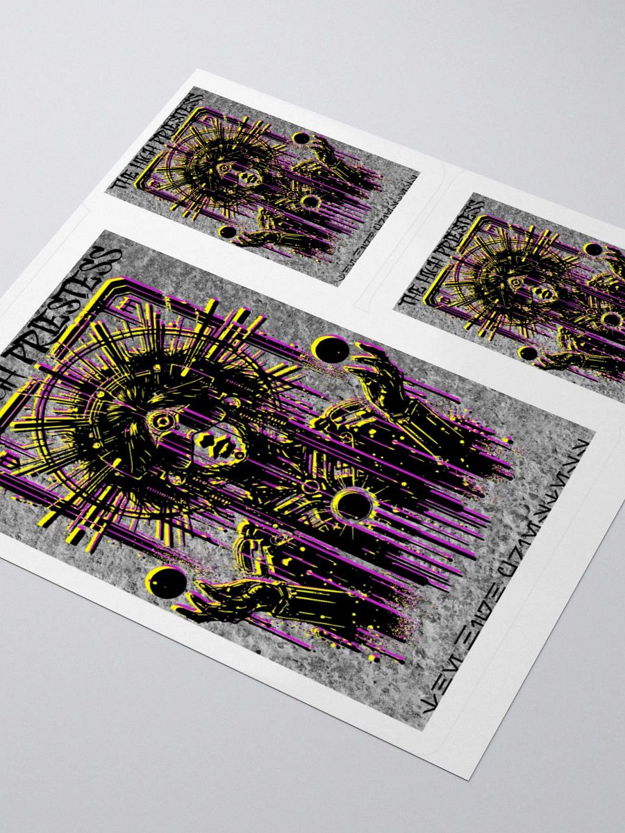 Cyberpunk Tarot Sticker – "The High Priestess" Card with Crystalline Headdress & Floating Orbs – Graffiti Stencil Futuristic Vinyl Decal product image (9)