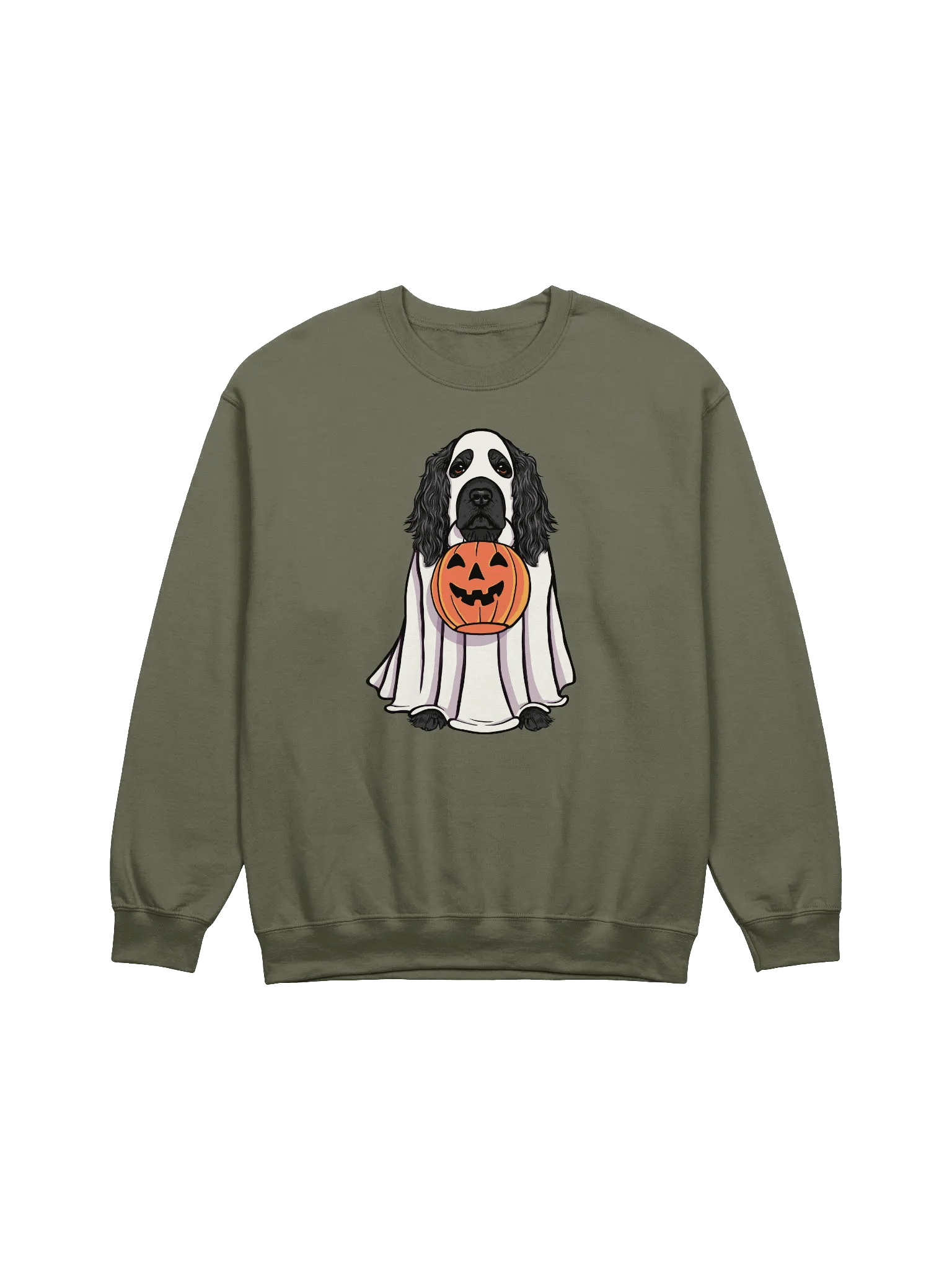 Funny Halloween Cocker Spaniel(Black) Sweatshirt | Funny Cocker Spaniel Wearing a Ghost Costume and Holding a Pumpkin Basket product image (13)