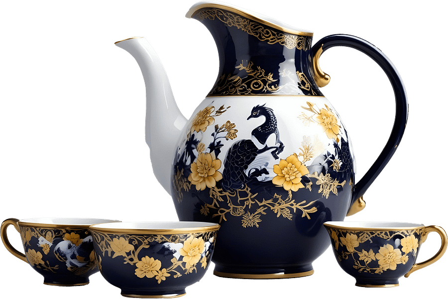 Chinese Porcelain Tea Set with Golden Peacock Motif PNG product image (1)