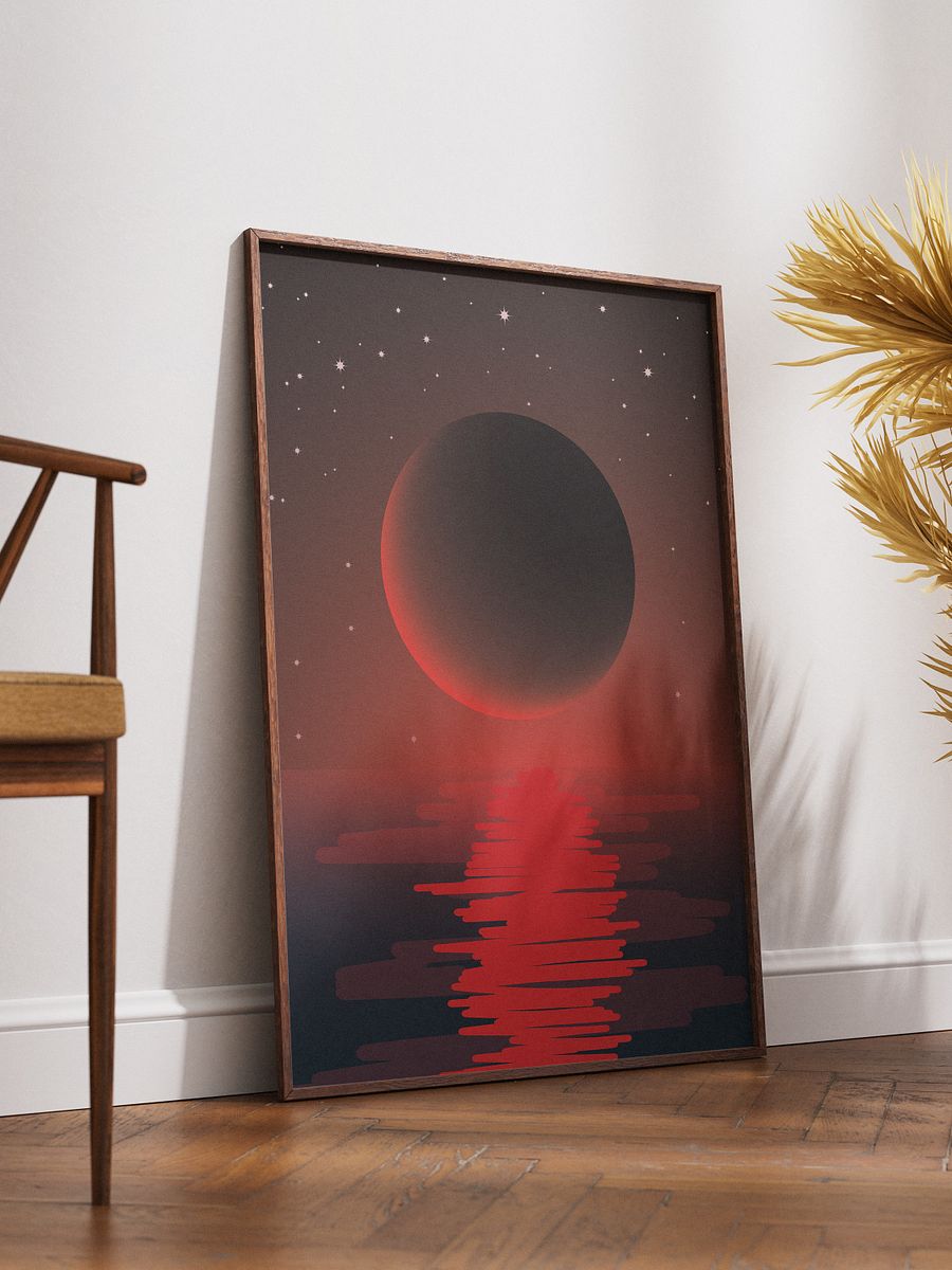 Scarlet Sea Serenade : Enchanting Nightscape Art Print with Bloody Moon Glow – Perfect for Dreamy Decor Lovers product image (5)