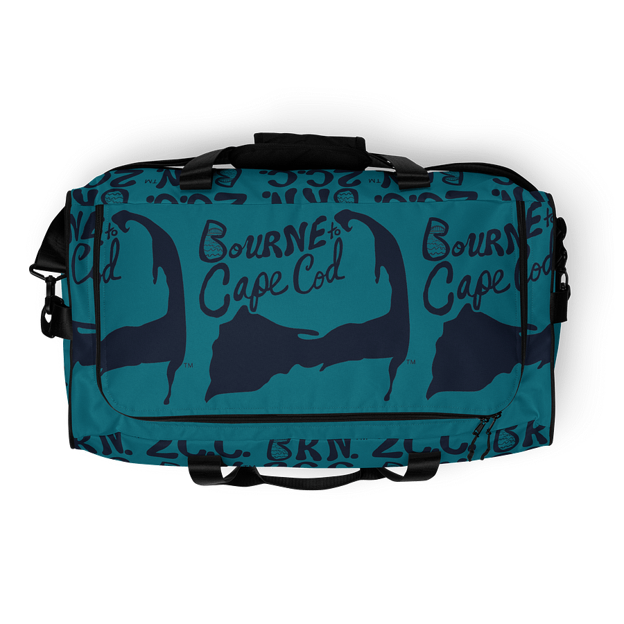 BOURNE to Cape Cod™ | Duffle Bag | BRN.2C.C.™ | Coastal Gym & Travel Gear | 22" All-Over Print Weekender | Navy Blue Logos on Calm Medium Blue product image (8)