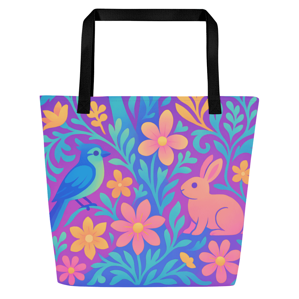 Chillwave Bunny & Bluebird Floral Tote Bag – Colorful Cute Aesthetic Reusable Bag with inside Pocket product image (7)