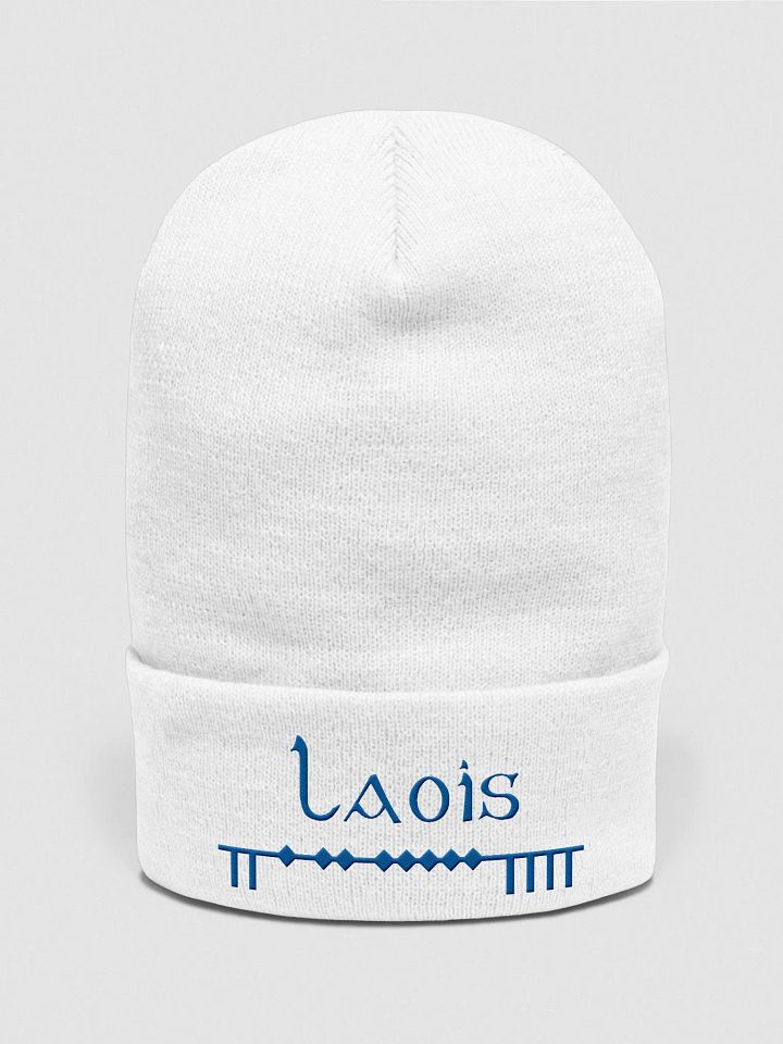 Laois Scholastic style Ogham, white with blue, embroidered Cuffed Beanie product image (1)
