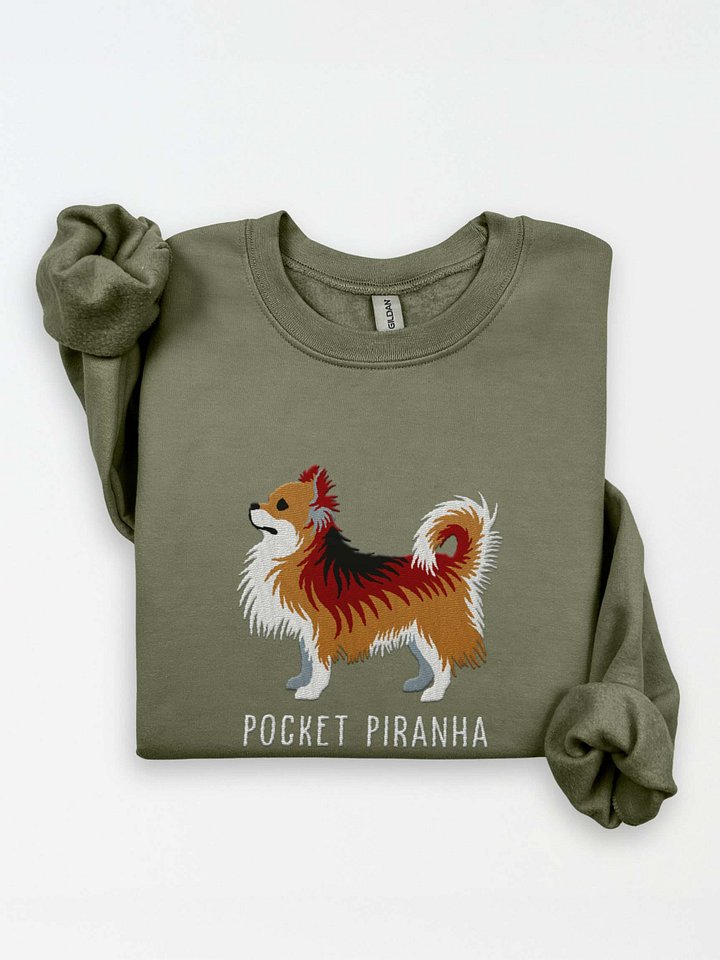 Pocket Piranha Sweatshirt (Embroidered) of a Longhaired Chihuahua(Sable) product image (1)