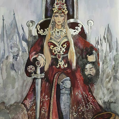 Tomris Hatun presenting the head of Cyrus the Great.