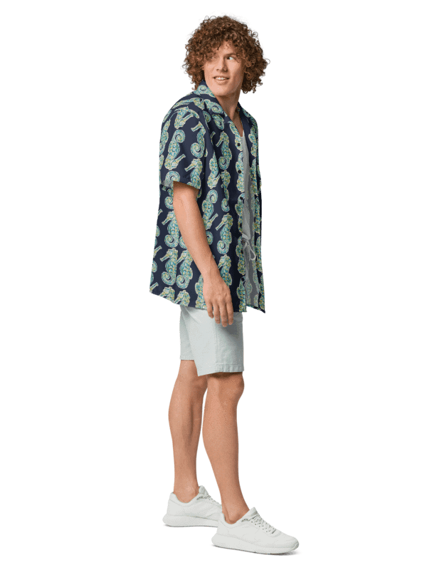 Men's | Ocean Majesty | Painted Seahorses on Navy | Hawaiian Shirt | Coastal Cool & Bold Hues product image (7)