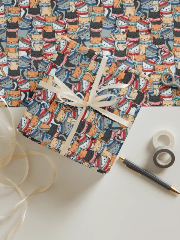 Cats in Winter Hats & Scarves Pattern Wrapping Paper, 3 Pack product image (1)