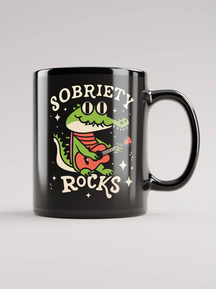 Sobriety Rocks Retro Crocodile Playing Guitar Black Mug product image (1)