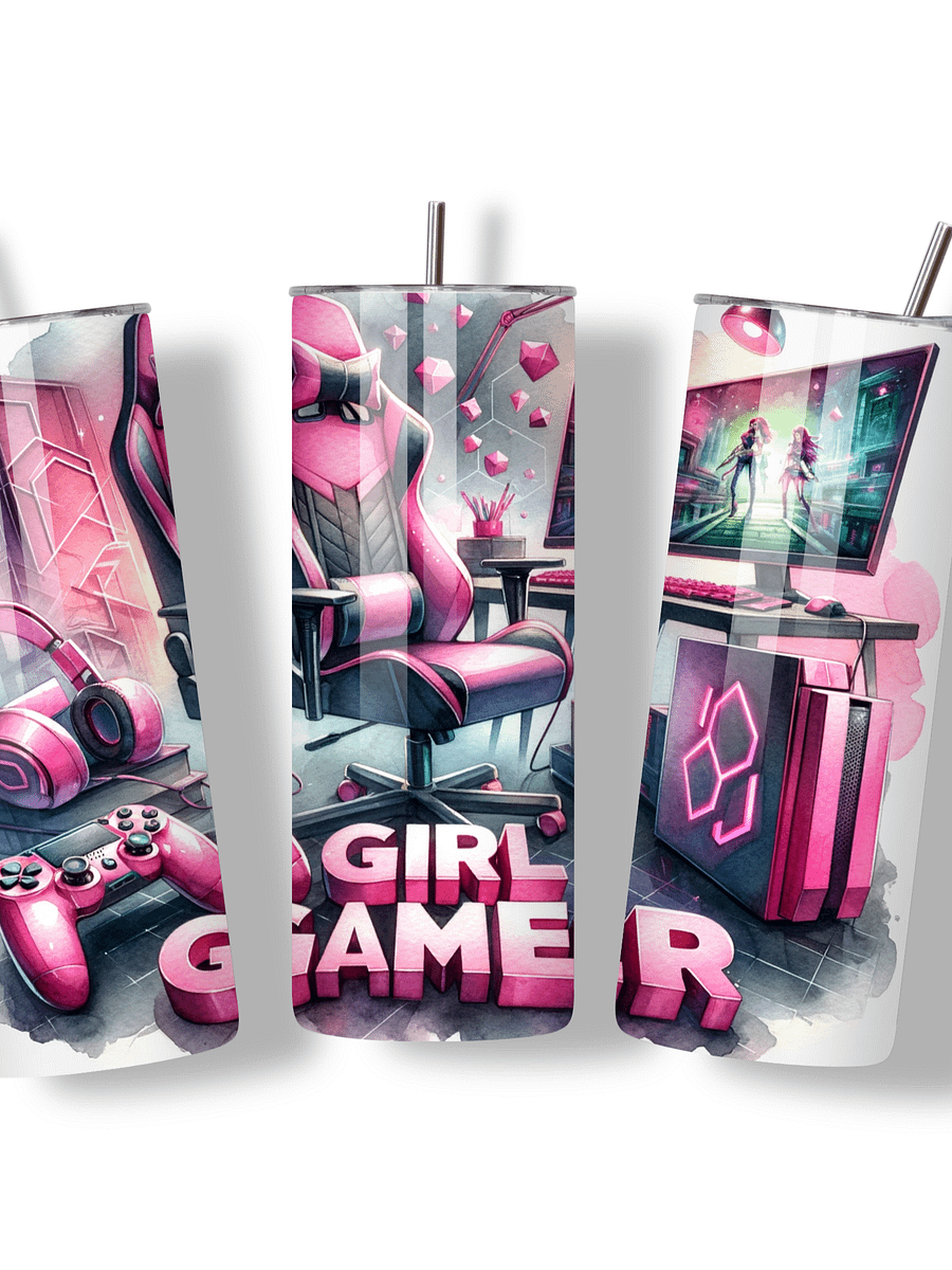 Girl Gamer 20oz Skinny Tumbler with Metal Straw – Pink Gaming Setup Design with Controller and Headset – Double-Walled Insulated Stainless Steel Tumbler for Hot & Cold Drinks product image (3)