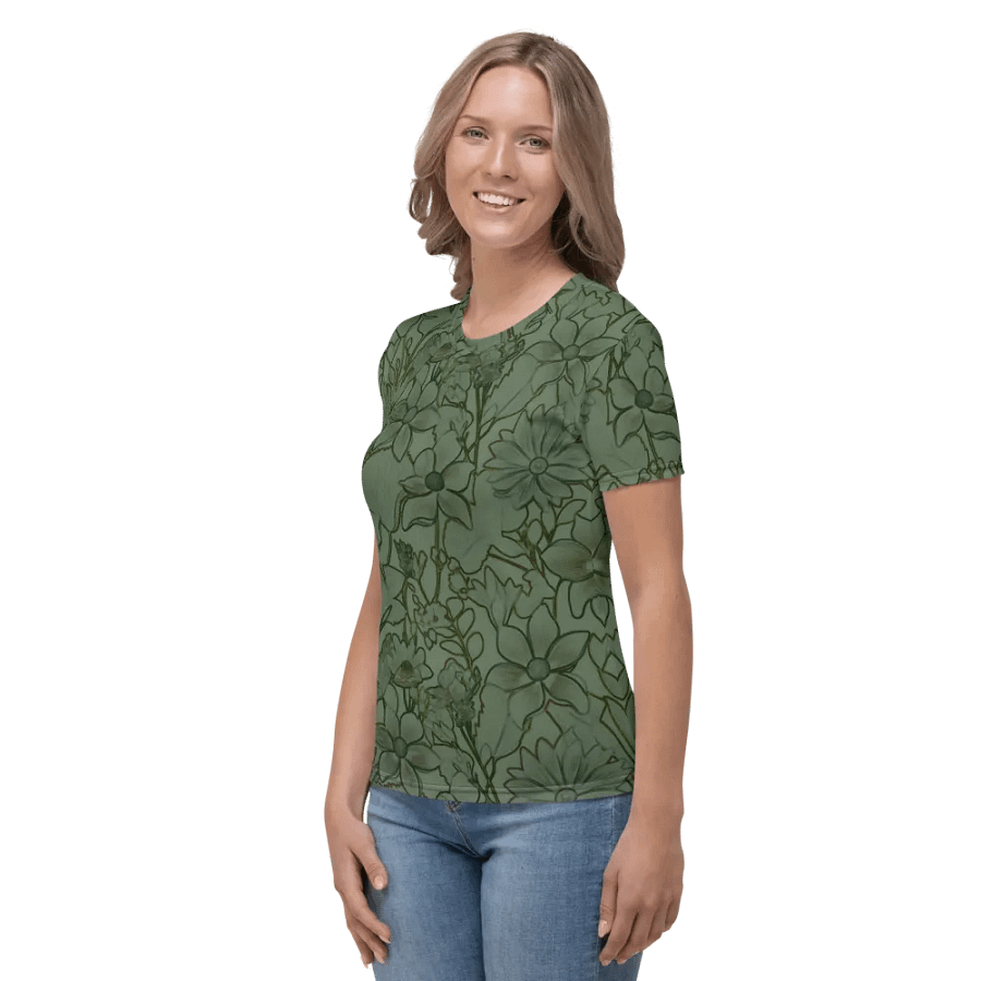 Line art Green and Dark green Floral/All-Over Print Women's Crew Neck T-Shirt by Sublicolor product image (6)
