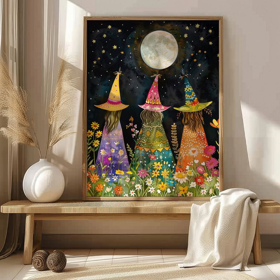 Whimsical Witches Under The Fullmoon Colorful Art Print product image (21)