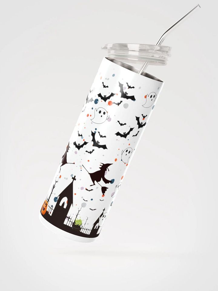 20 oz Stainless Steel Tumbler with Spooky Halloween Design – Ghosts, Witches, Bats & Haunted Houses, Reusable Straw & Lid product image (2)