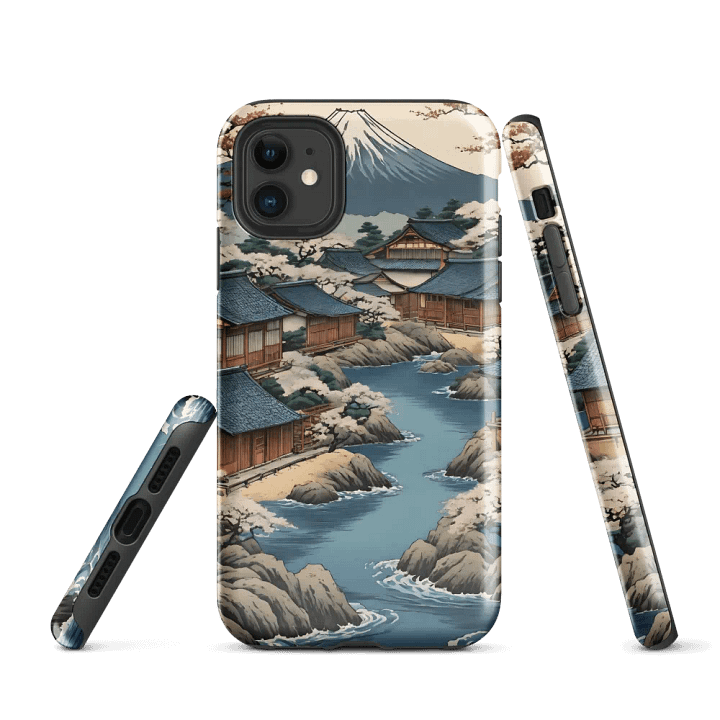 Tough Phone Case for iPhone® - Japanese Village in Shades of Blue and Brown product image (1)