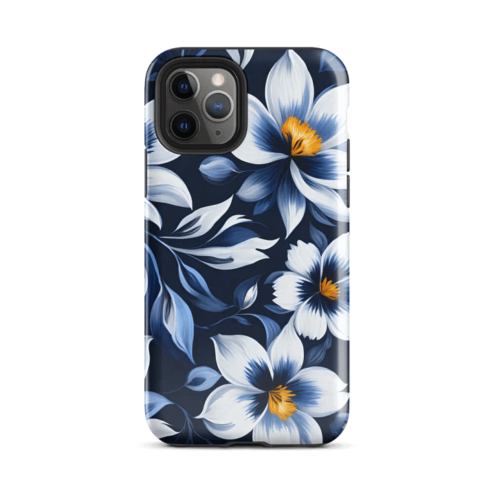 Tough Phone Case for iPhone® - Blue and White Flowers on a Dark Blue Background product image (2)