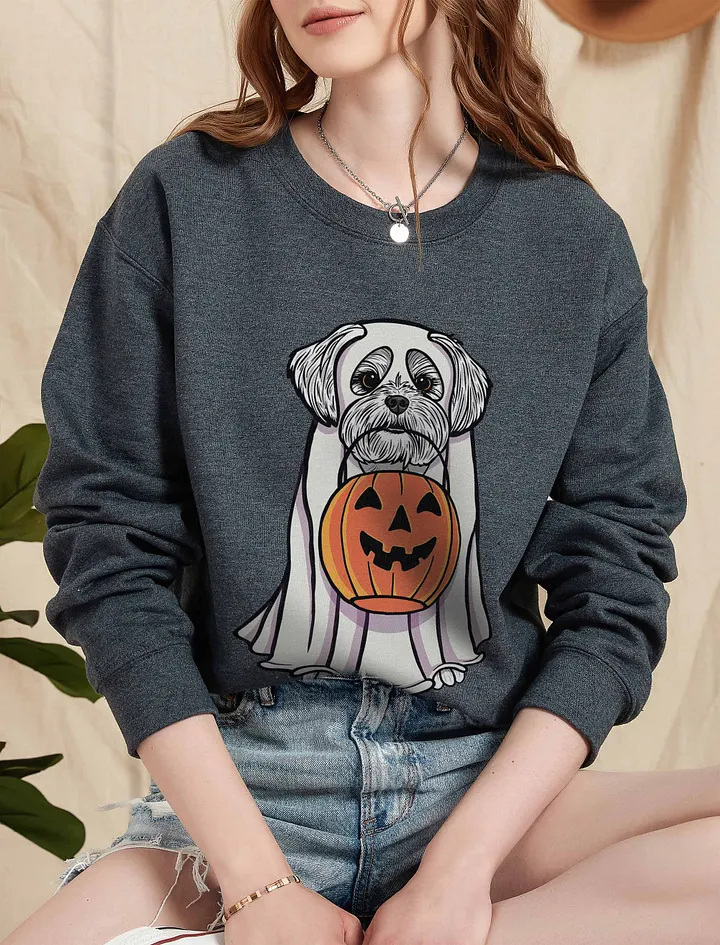 Funny Halloween Maltese Sweatshirt | Funny Maltese Wearing a Ghost Costume and Holding a Pumpkin Basket product image (5)