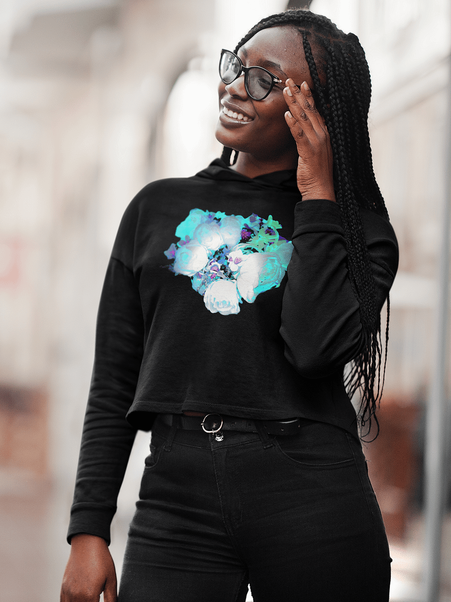 Abstract Blue Green Rose Bouquet Ladies Fleece Cropped Hoodie product image (3)