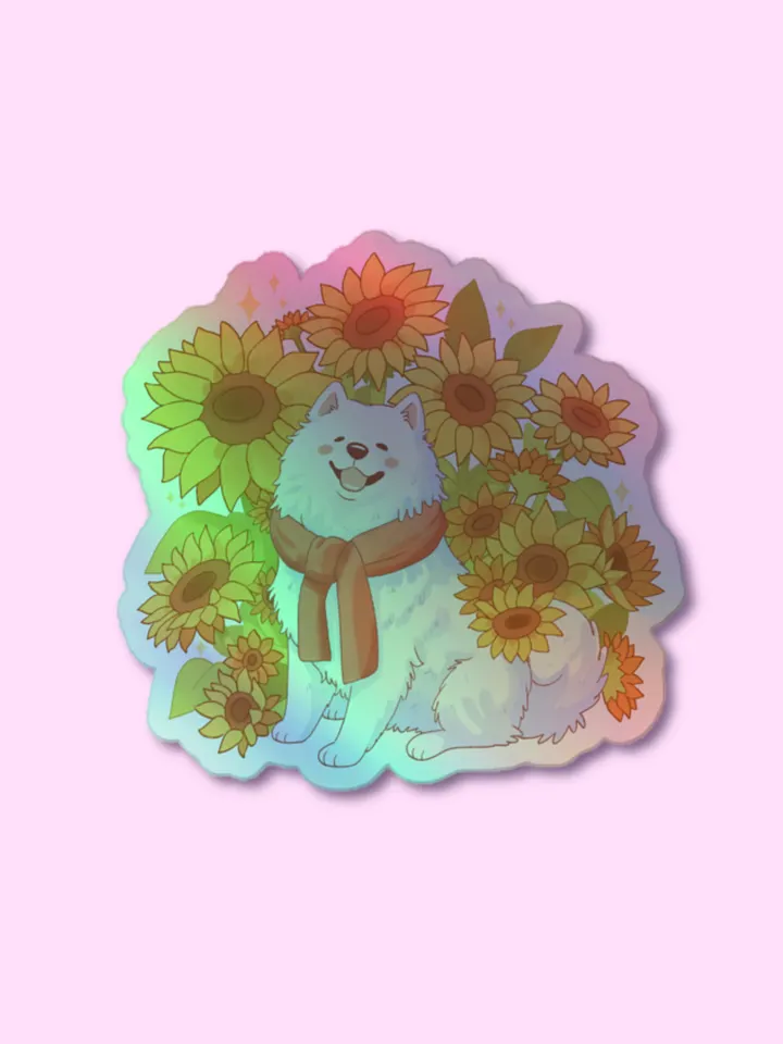 Happy Samoyed fluffy dog surrounded by sunflowers Holographic Sticker product image (1)
