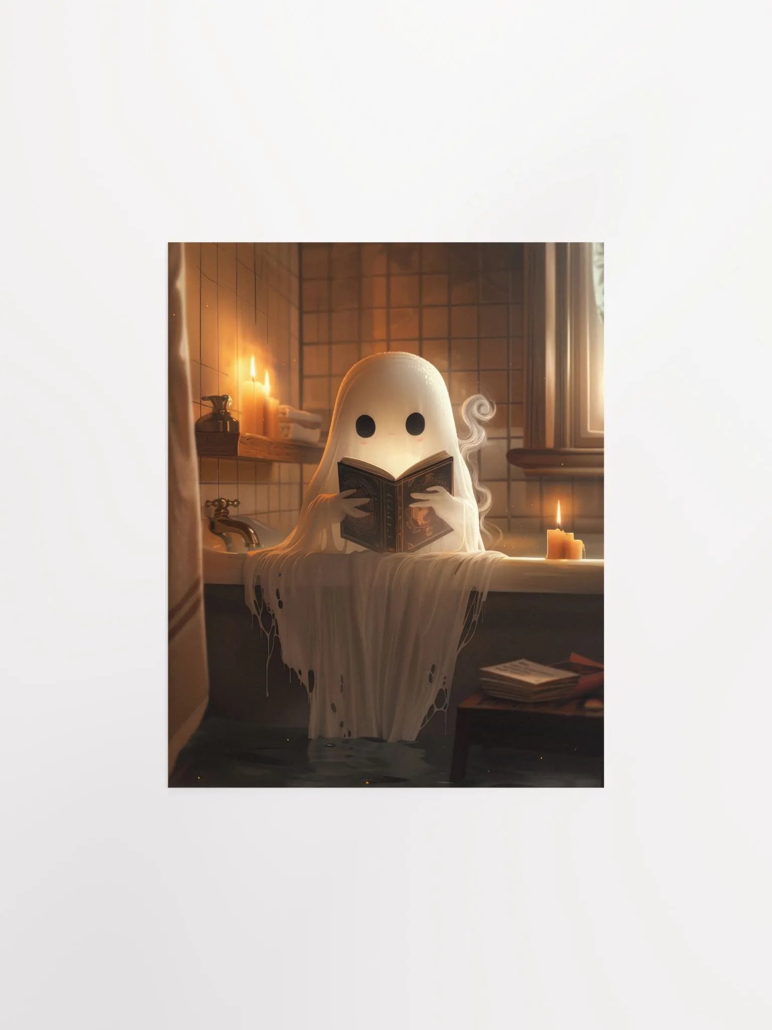 Cute Ghost Reading a Book in The Bathroom Halloween Art Print product image (27)