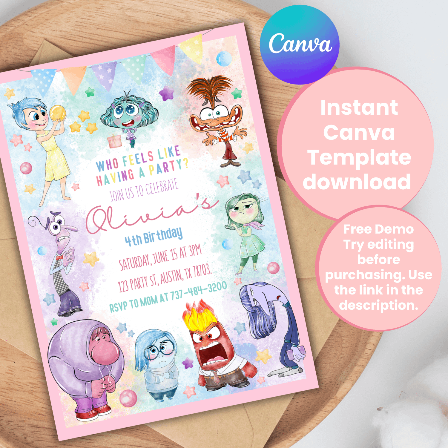 Editable Canva Template: Inside Out 2 Emotions Adventure Birthday Invitation - Joyful Inside Out Theme product image (1)
