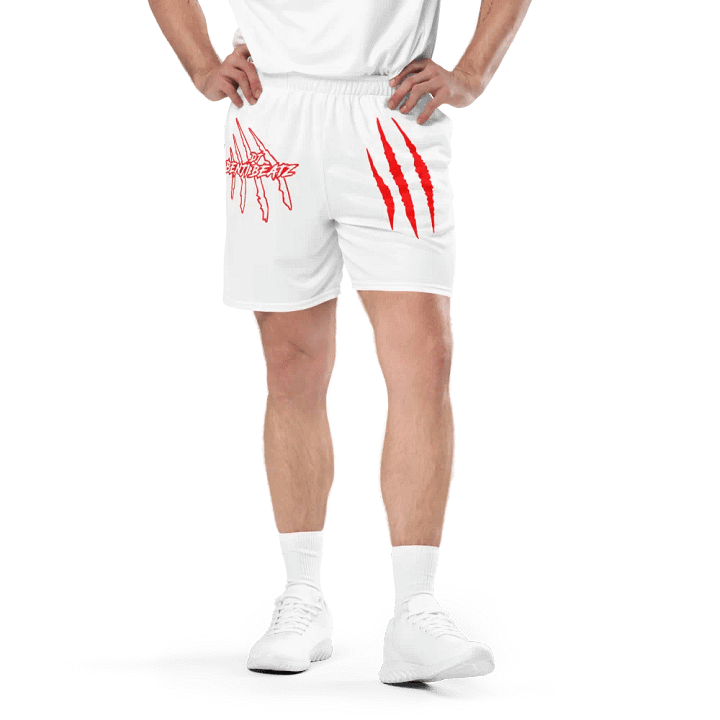 "DJ Benji Beatz Logo with Scars (Red)" All-Over Print Recycled Unisex Mesh White Shorts product image (2)