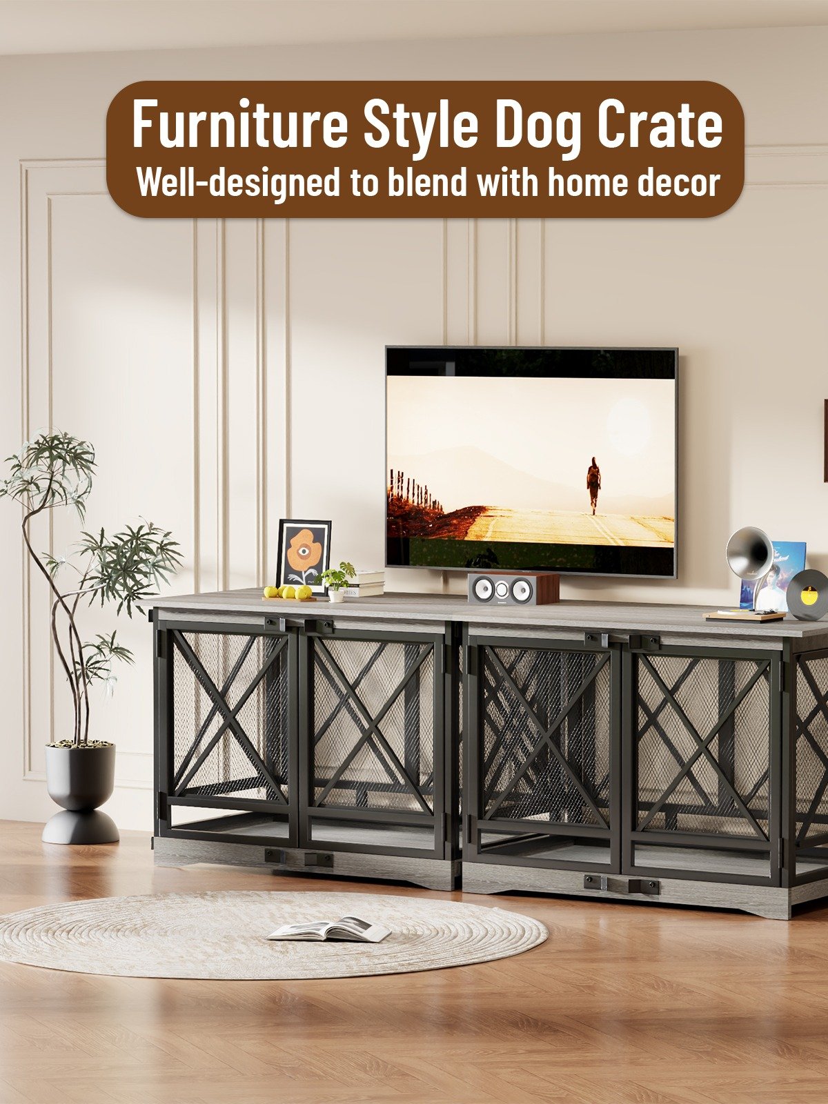 48 inch Extra Large Dog Crate Furniture,Double Door Indoor Kennel,End Side Table Wooden Dog Crates,Anti-Chew Anti-Escape, Gray product image (5)