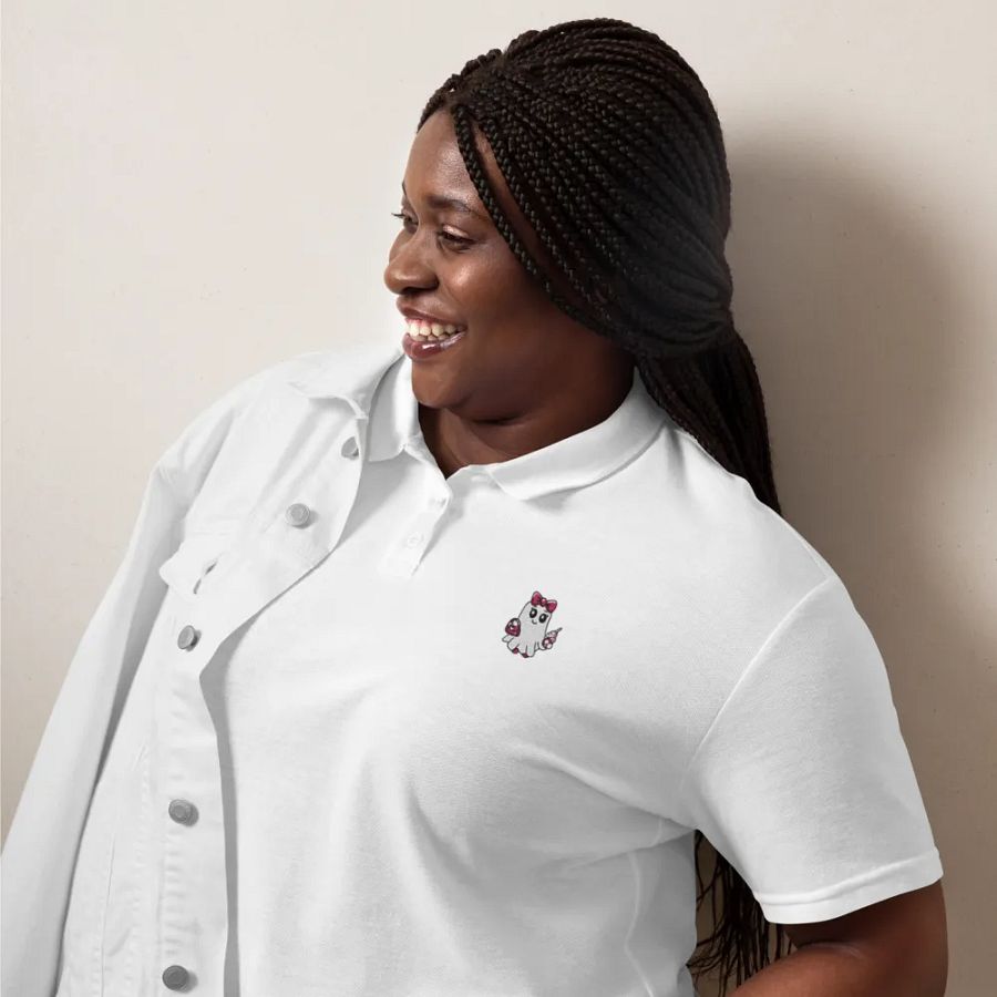 Cute Ghost Embroidered Semi-Fitted Women's Cotton Polo Shirt product image (11)