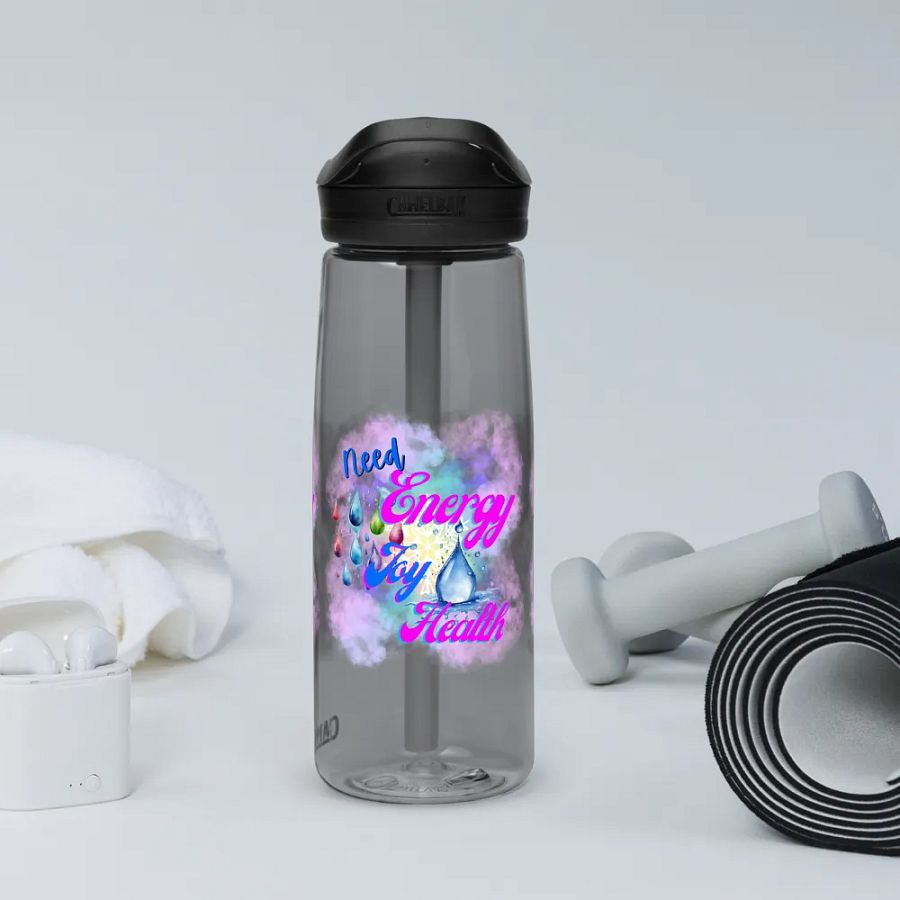 Camelback water bottle with beautiful swirly blue water  splash and drops design featuring ' Need  Energy Love Health