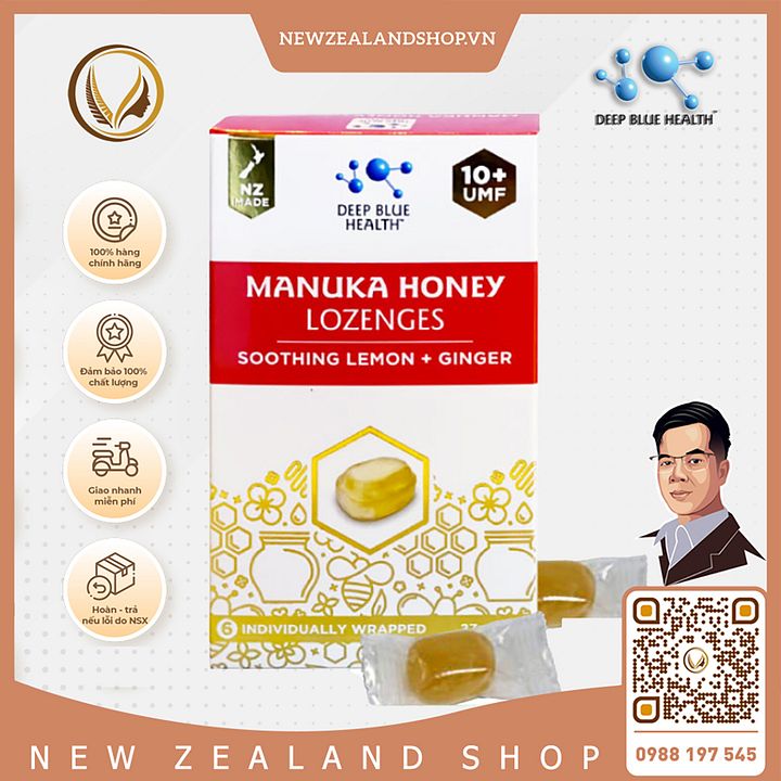 Kẹo ngậm mật ong Manuka UMF10+ chanh & gừng Deep Blue Health Honey Lozenges 6 viên product image (1)
