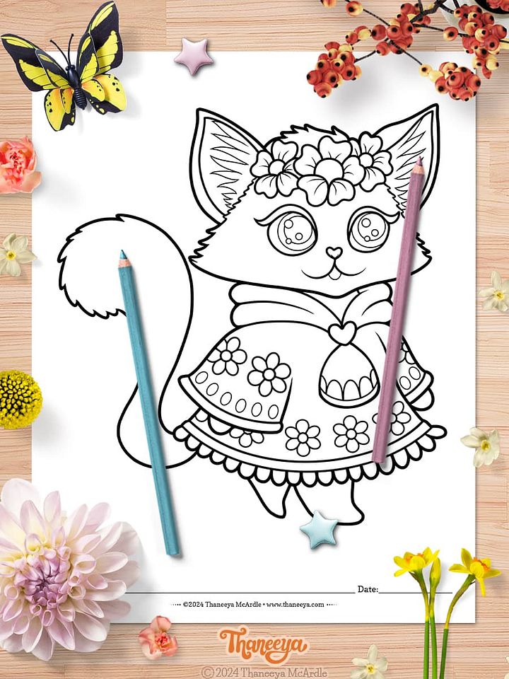 Cat with Heart Balloons - Single Coloring Page product image (2)