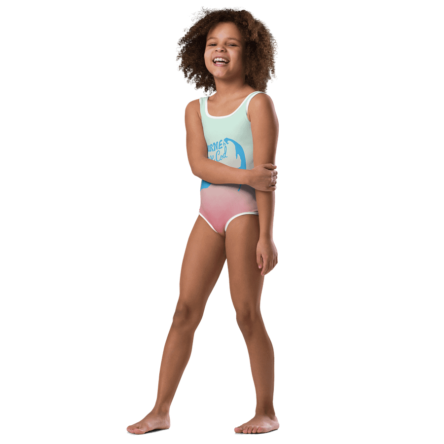 Girls' | One-Piece Swimsuit | BOURNE to Cape Cod™ | Front Logo | Coastal Kids Swimwear | Blue Logo on Blue Pink Ombre product image (4)