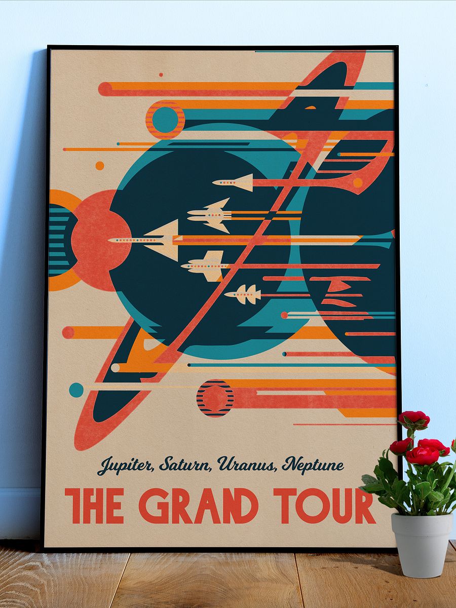 The Grand Tour: Jupiter, Saturn, Uranus, Neptune — Vintage space poster, retro space art, propaganda poster, retrofuturism art, retro sci-fi print product image (1)