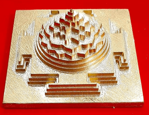 Combo Offer Maha Meru Shri Yantra with Gold Plated and Accurate Cutting (Size-1.5x1.5 inch) 100 Grm + kamalgatta mal 54 beads+ mini wooden pooja pat product image (4)