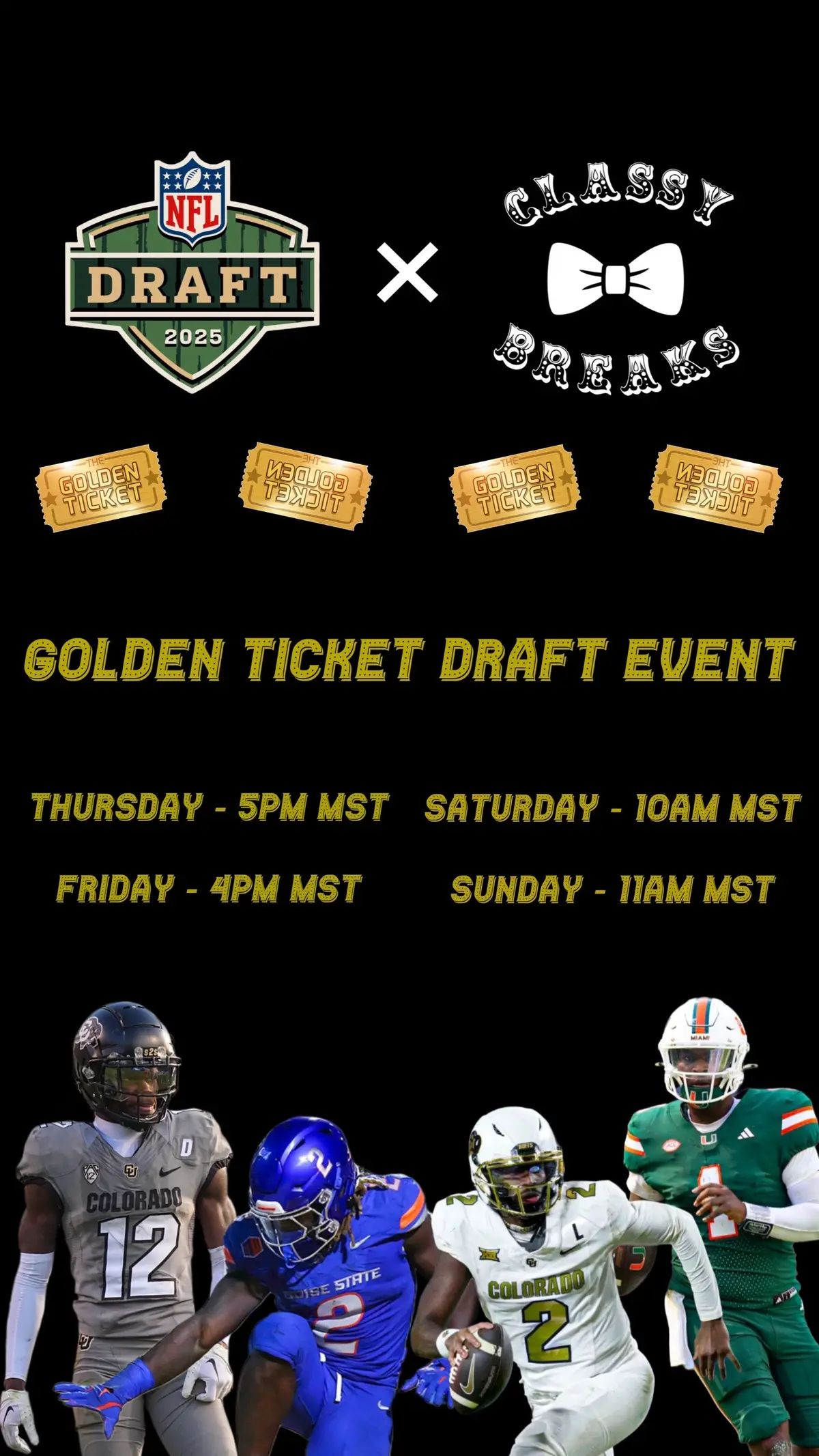 Here’s our official stream schedule for the Classy Breaks Golden Ticket Draft Event! STAY CLASSY!! 🤵🏻‍♂️ #fyp #foryou #thehobby #sportscards #nfl #nba #mlb 