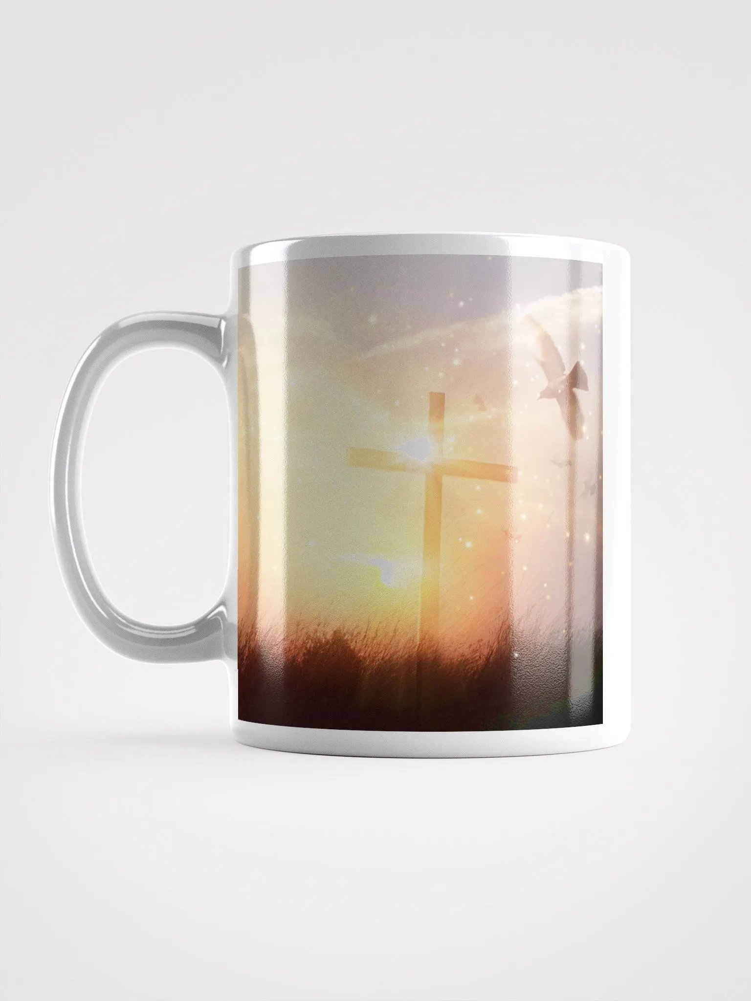 A cross standing against a serene landscape of rolling hills & a Radiant cross illuminated by a bright, golden light with glowing sunrise & doves Mug product image (3)