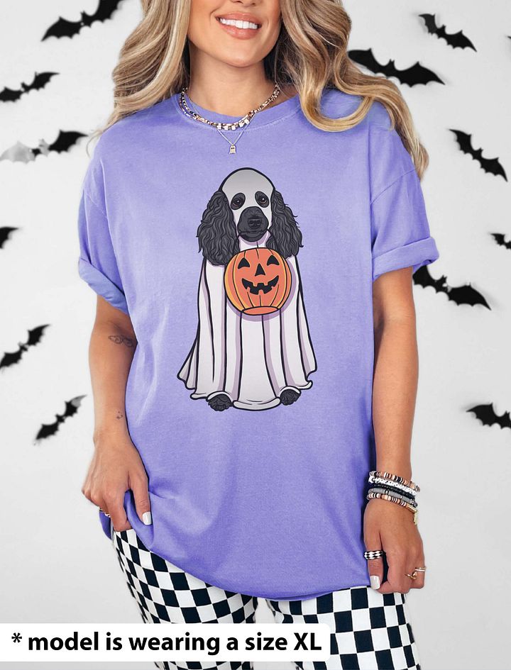 Funny Halloween Poodle(Black) T-Shirt | Funny Papillon Wearing a Ghost Costume and Holding a Pumpkin Basket product image (20)